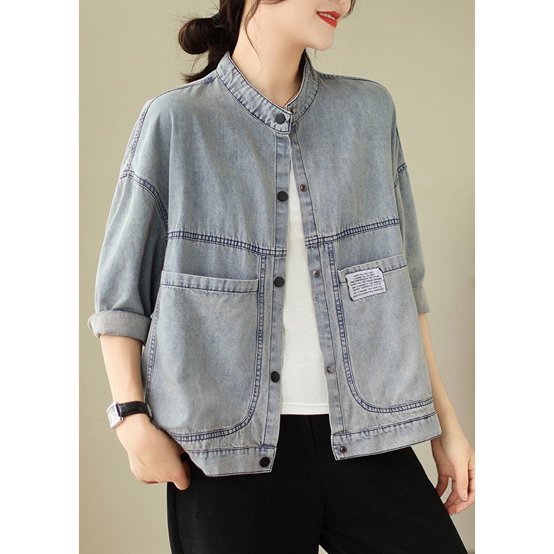 Women Light Blue Stand Collar Pockets Denim Jackets Spring