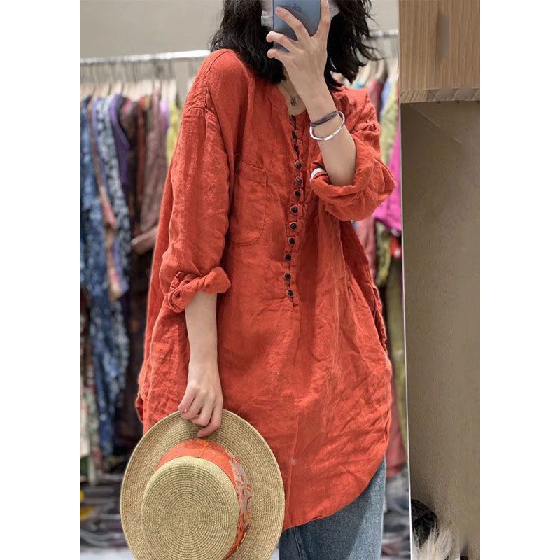 Women Orange Solid Button Pockets Cotton Top Spring
