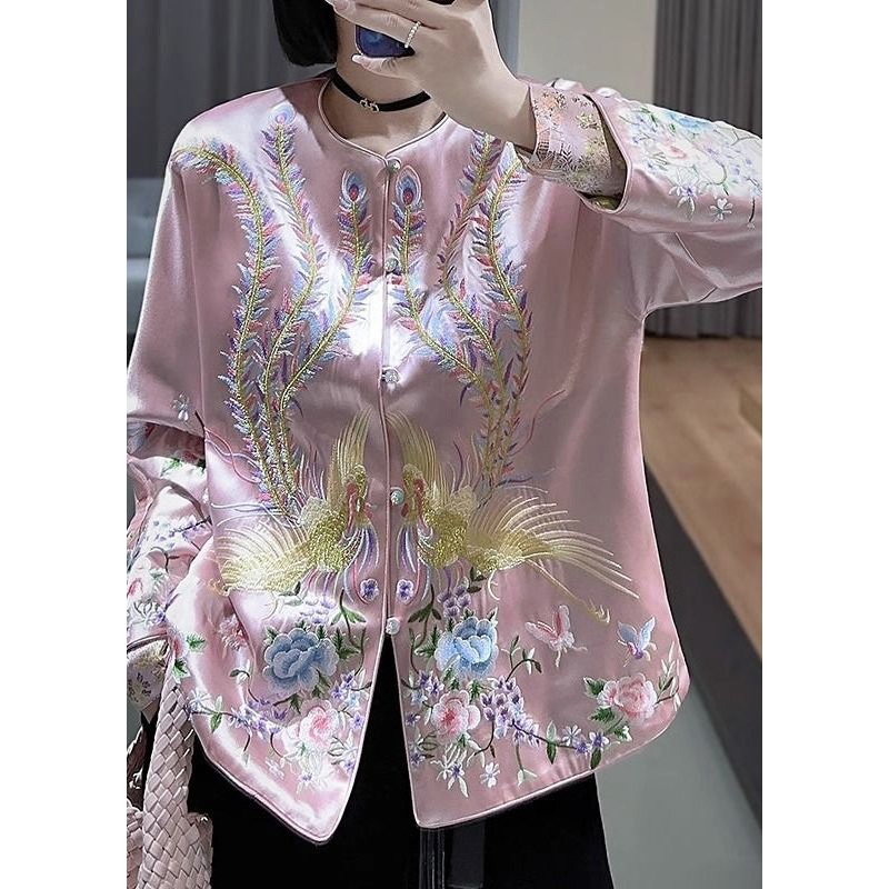 Women Pink Embroideried Wear On Both Sides Silk Coat Spring