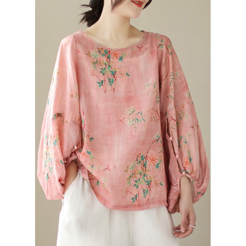 Women Pink Print Button Patchwork Cotton Tops Long Sleeve