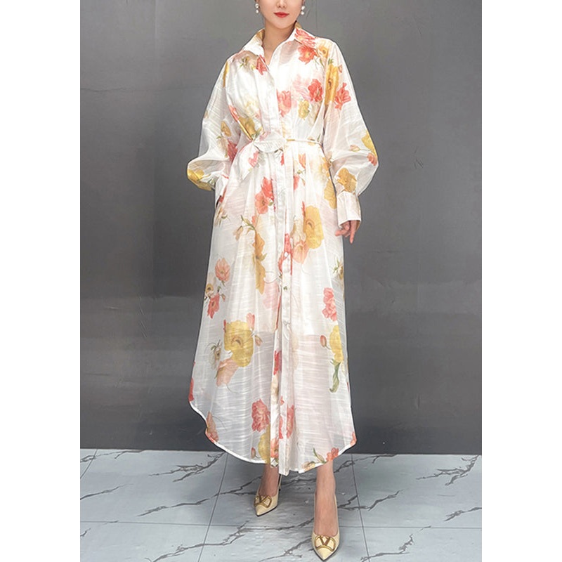 Women Red Peter Pan Collar Print Tie Waist Vacation Long Dresses Fall