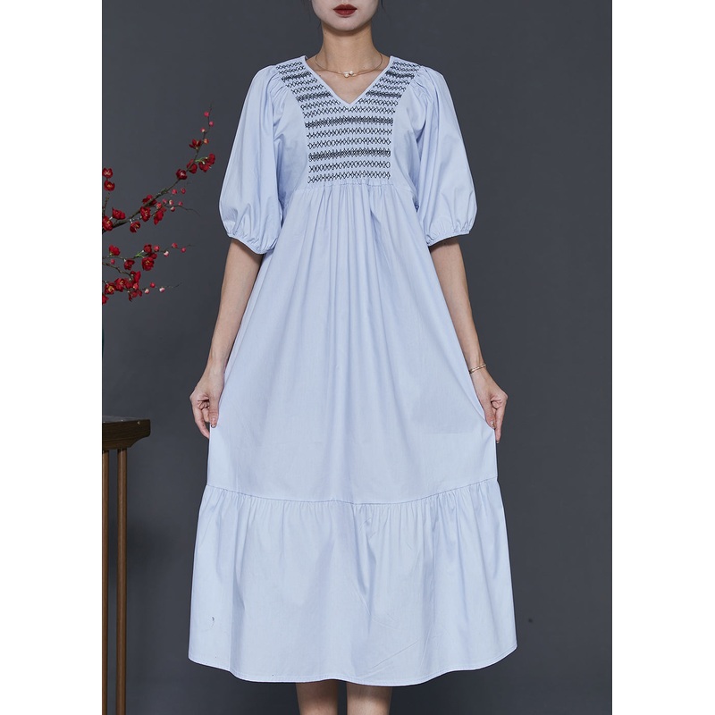Women Sky Blue Embroidered Patchwork Cotton Dresses Summer
