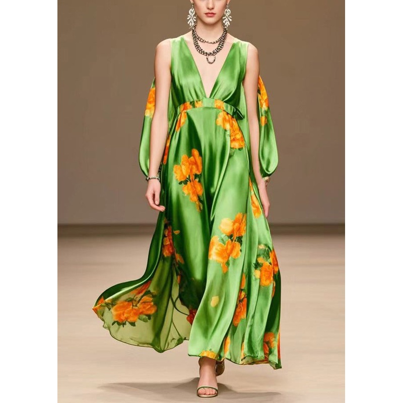 Women Tea Green V Neck Print Silk Long Dresses Summer