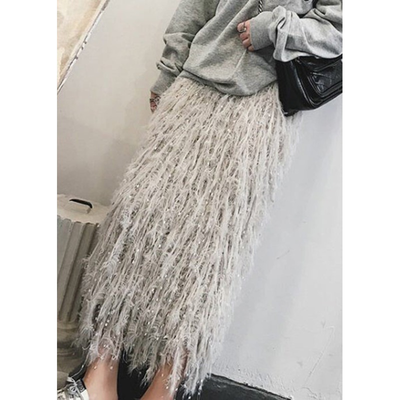 Art Grey Tasseled Hollow Out Knit Skirt Fall
