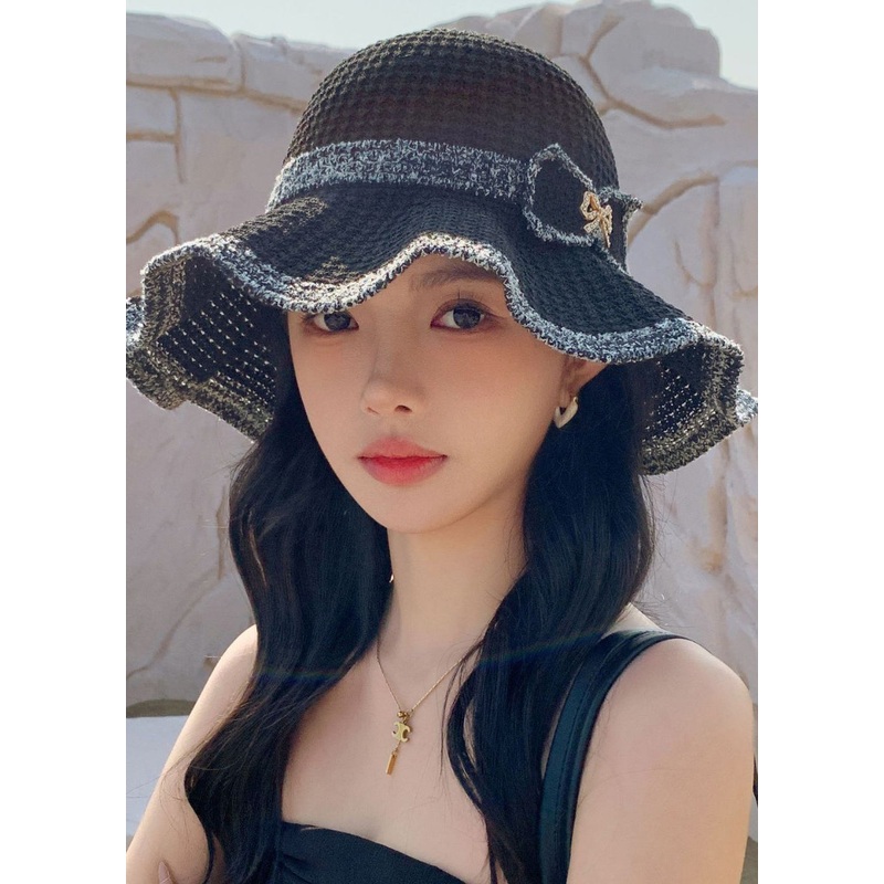 Beautiful Black Hollow Out Bow Knit Bucket Hat