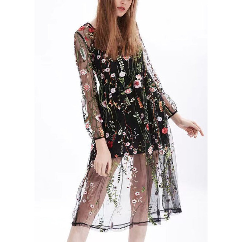 Beautiful Black O-Neck Embroidered Tulle Two Pieces Set Long Sleeve