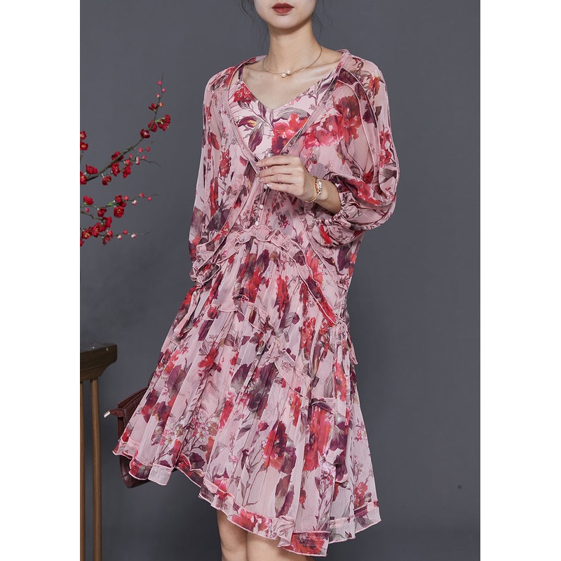 Beautiful Brick Red Print Chiffon Vacation Dress Lantern Sleeve