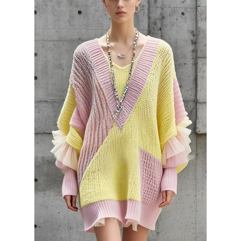 Beautiful Colorblock Oversized Patchwork Long Sweater Batwing Sleeve