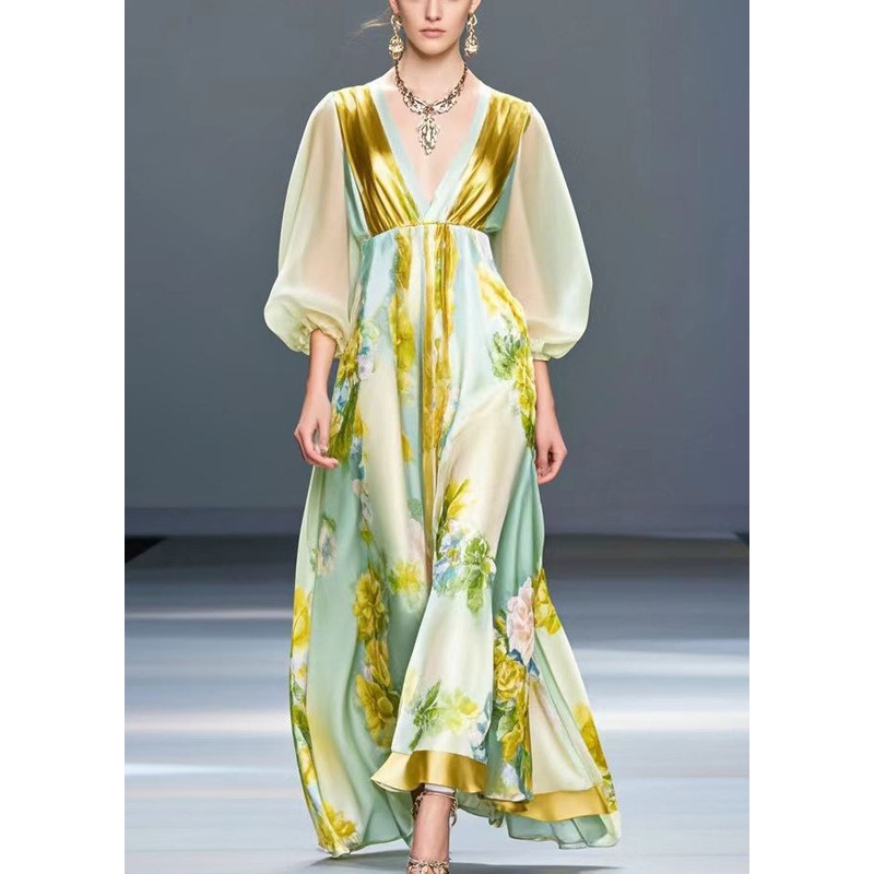 Beautiful Light Green V Neck Print Silk Holiday Dress Fall