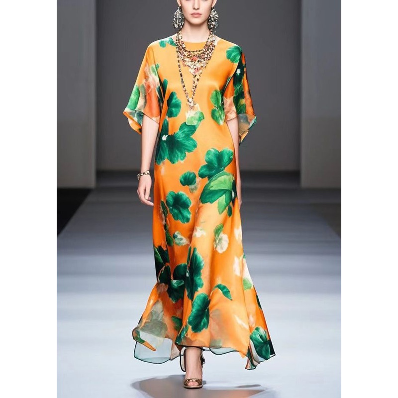 Beautiful Orange Oversized Print Silk Maxi Dress Summer