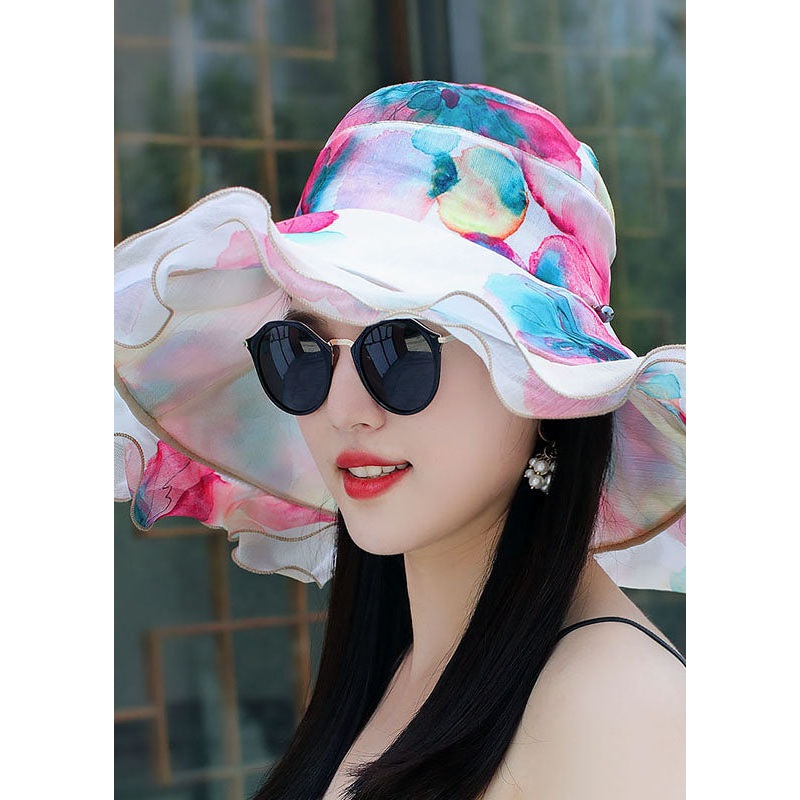 Beautiful Pink Print Ruffles Patchwor Tulle Beach Floppy Sun Hat