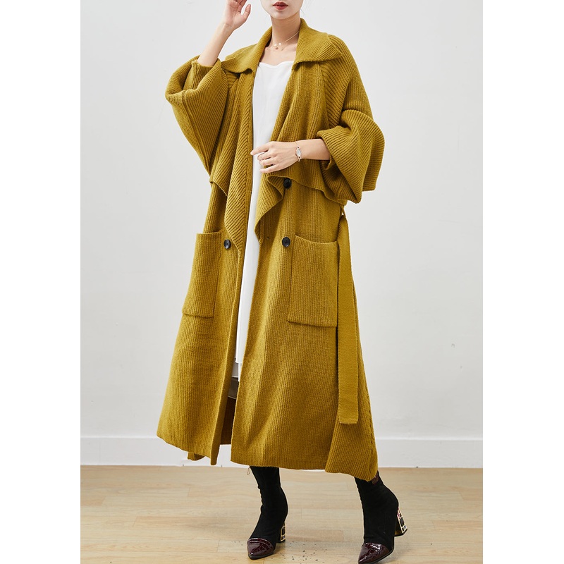 Beautiful Yellow Notched Pockets Warm Knit Trenchs Spring