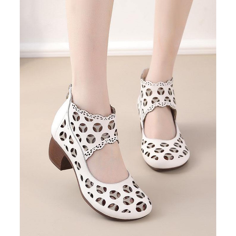 Beige Zippered Cowhide Leather High Heels Hollow Out High Heels