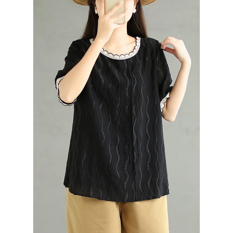 Black Embroidered Cotton Top O Neck Short Sleeve
