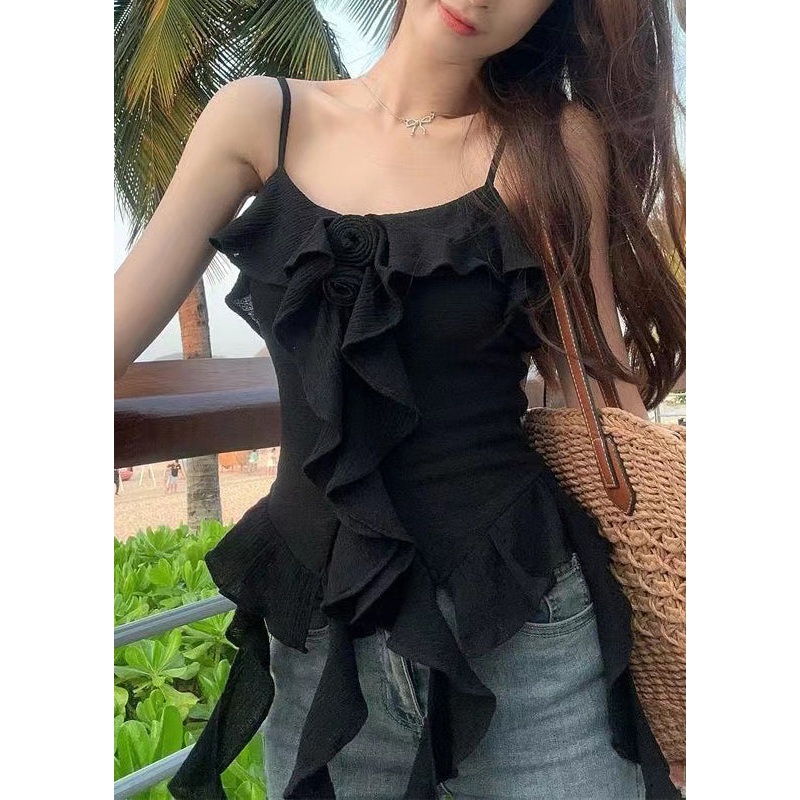 Black Ruffled Cotton Spaghetti Strap Tank Asymmetrical Summer