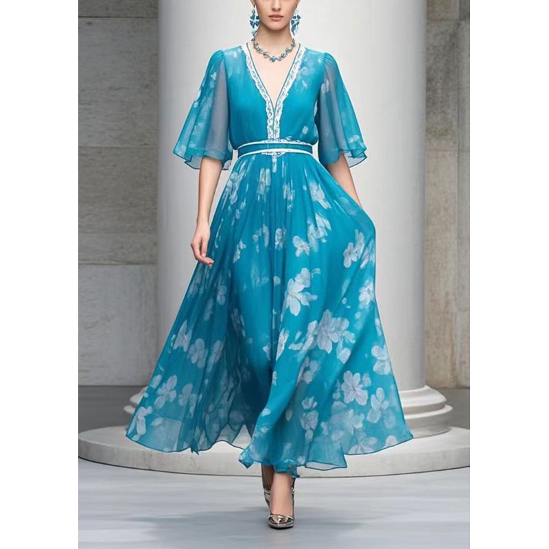 Blue Print Chiffon Holiday Dresses V Neck Exra Large Hem Summer