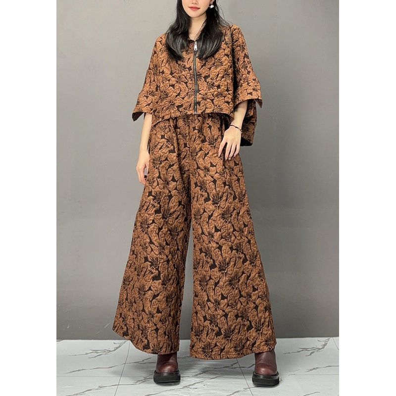 Bohemian Chocolate Print Zippered Top And Wide Leg Pants Two Piece Set Fall