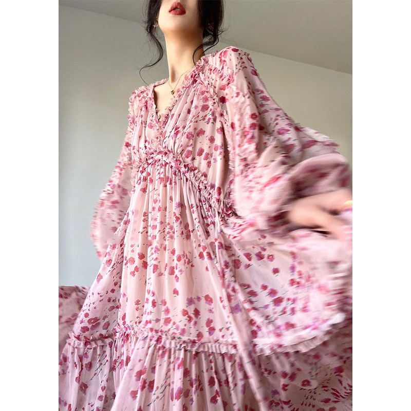 Bohemian Pink V Neck Print Patchwork Ruffles Silk Dresses Spring