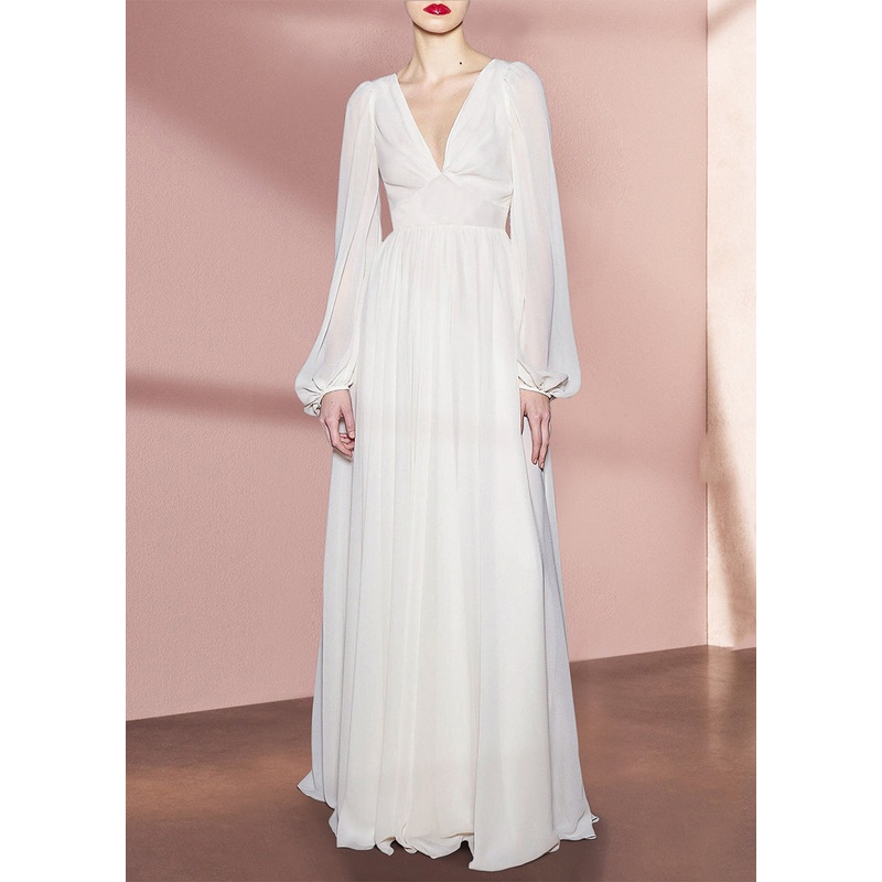 Bohemian White V Neck High Waist Solid Chiffon Holiday Dress Fall