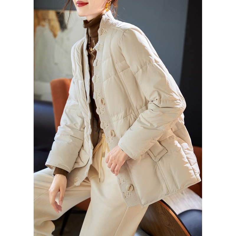 Boho Beige V Neck Patchwork Duck Down Puffers Jackets Winter