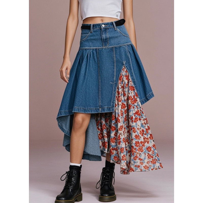 Boho Navy Asymmetrical Patchwork Print Denim Skirt Spring