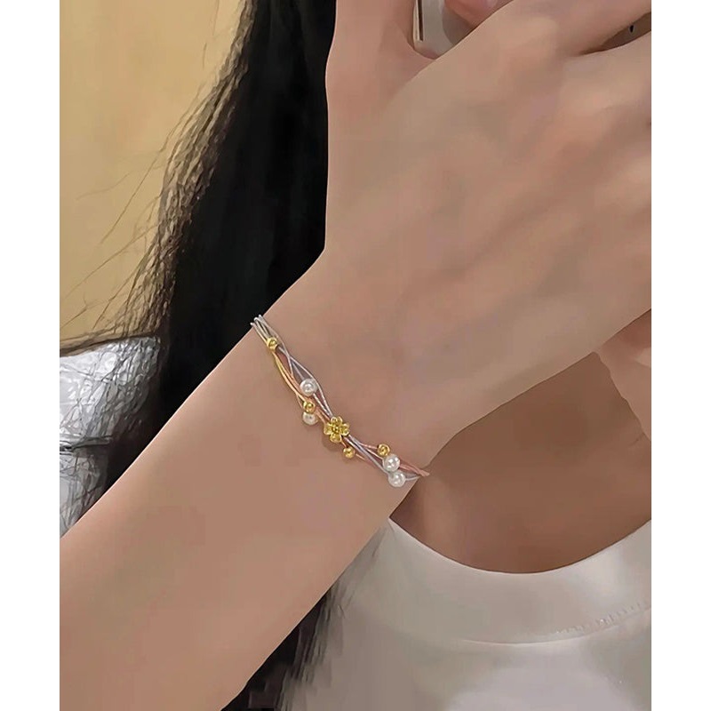 Boho Rainbow Alloy Hand Woven Pearl Floral Chain Bracelet