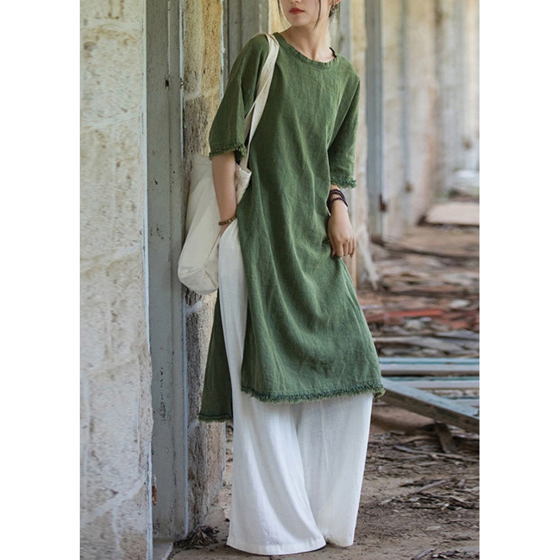 Boutique Green O Neck Side Open Linen T Shirts Dresses Summer