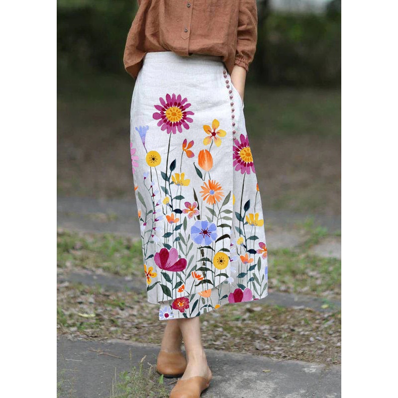 Boutique white flowers asymmetrical design elastic waist A Line Skirts Spring