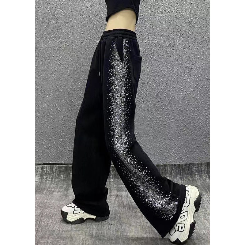 Casual Black Pockets Zircon Elastic Waist Cotton Pants Fall