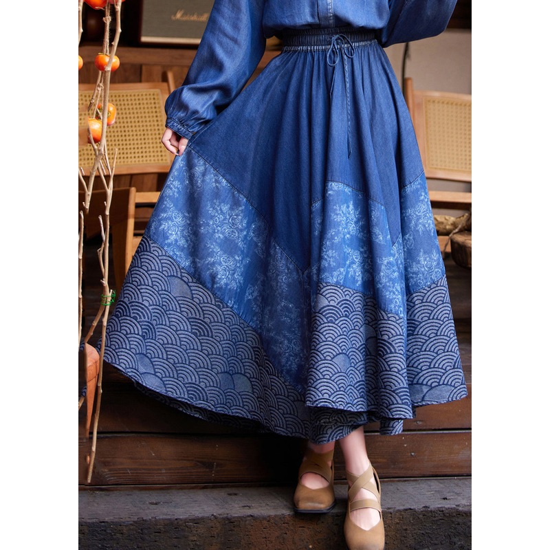 Casual Denim Blue Print Tie Waist Maxi Skirt Summer