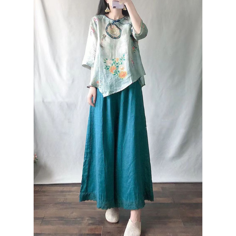 Casual Light Green O-Neck Print Shirts And Maxi Skirts Two Pieces Set Summer