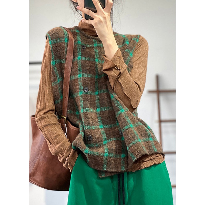 Casual Loose Coffee Green O Neck Plaid Knit Vest Sleeveless