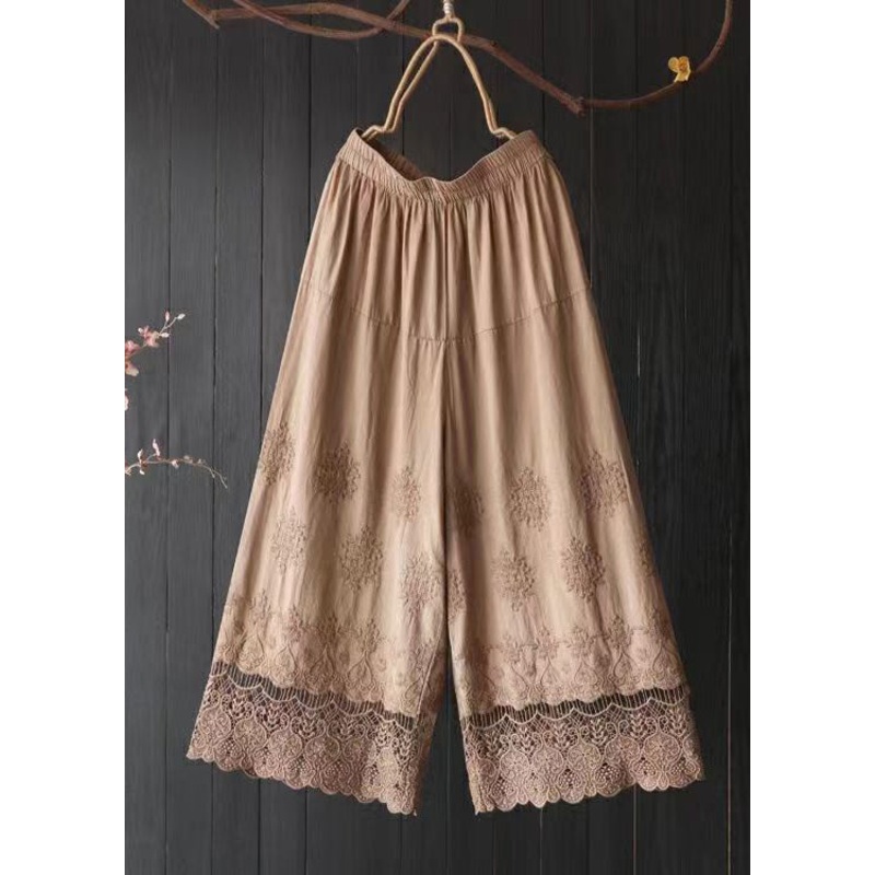 Casual Orange Embroidered Lace Patchwork Cotton Crop Pants Summer
