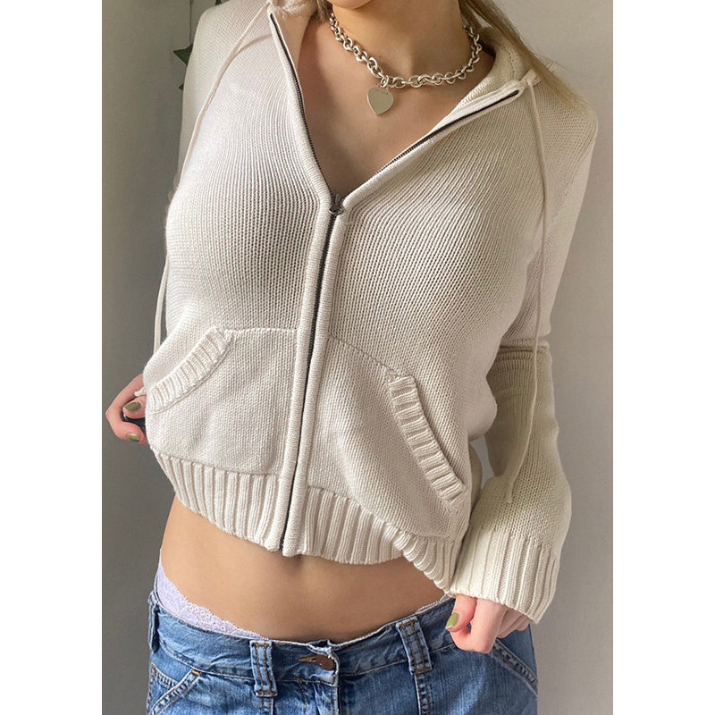 Casual White Zip Up Pockets Knit Hooded Coat Fall