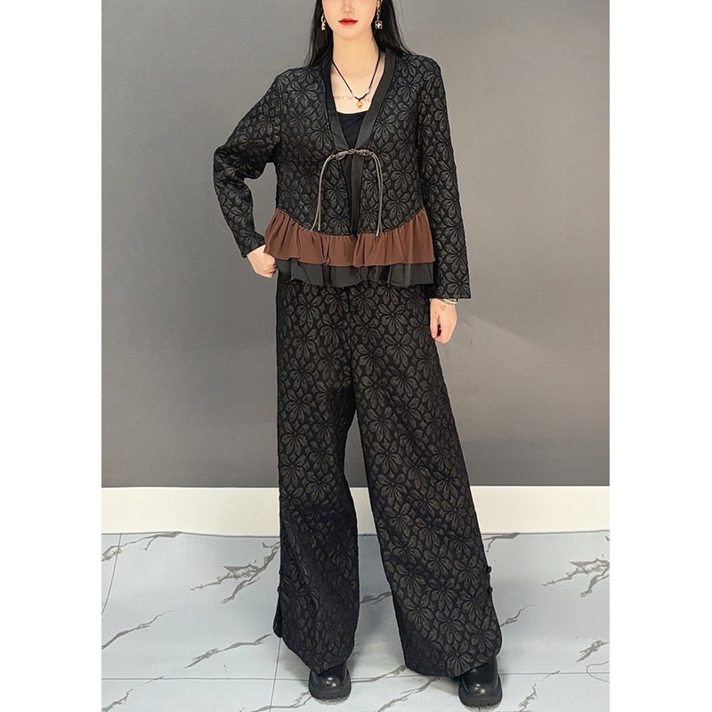 Chinese Style Black V Neck Button Top And Wide Leg Pants Two Pieces Set Spring