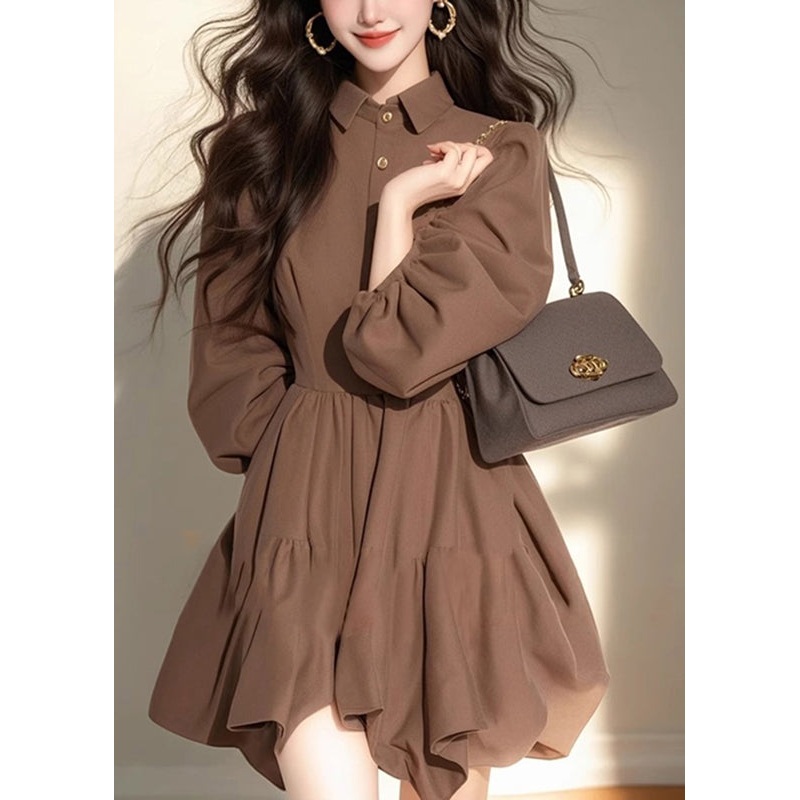 Classy Coffee Peter Pan Collar Patchwork Button Mid Dress Half Sleeve