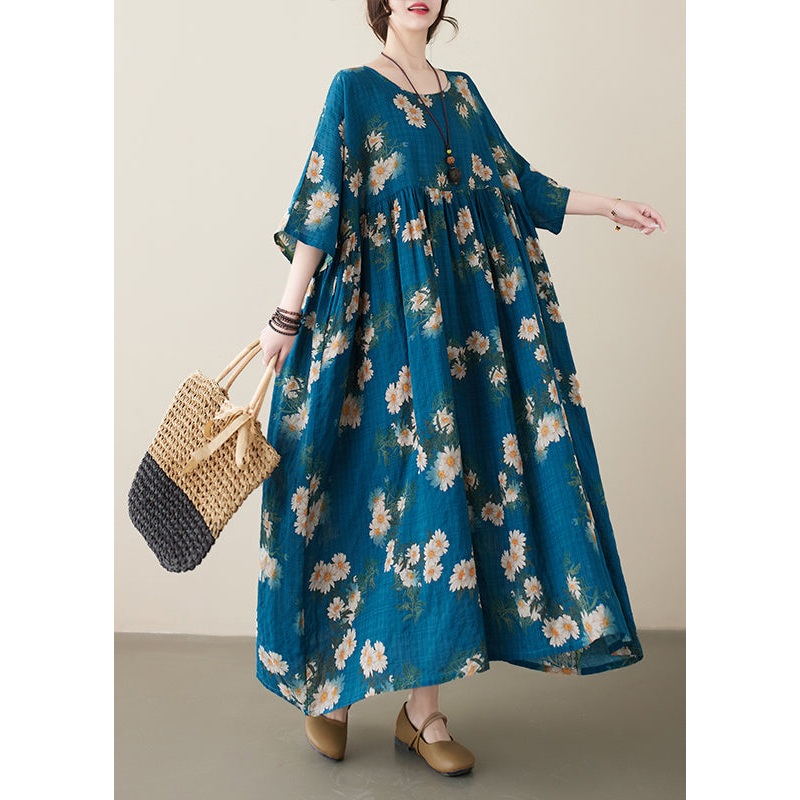 Classy Navy O-Neck Patchwork Wrinkled Party Maxi Dress Summer