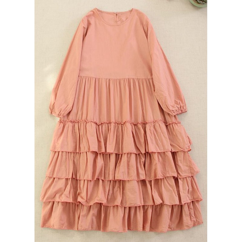 Classy Pink Solid O-Neck Ruffled Cotton Long Dress Long Sleeve