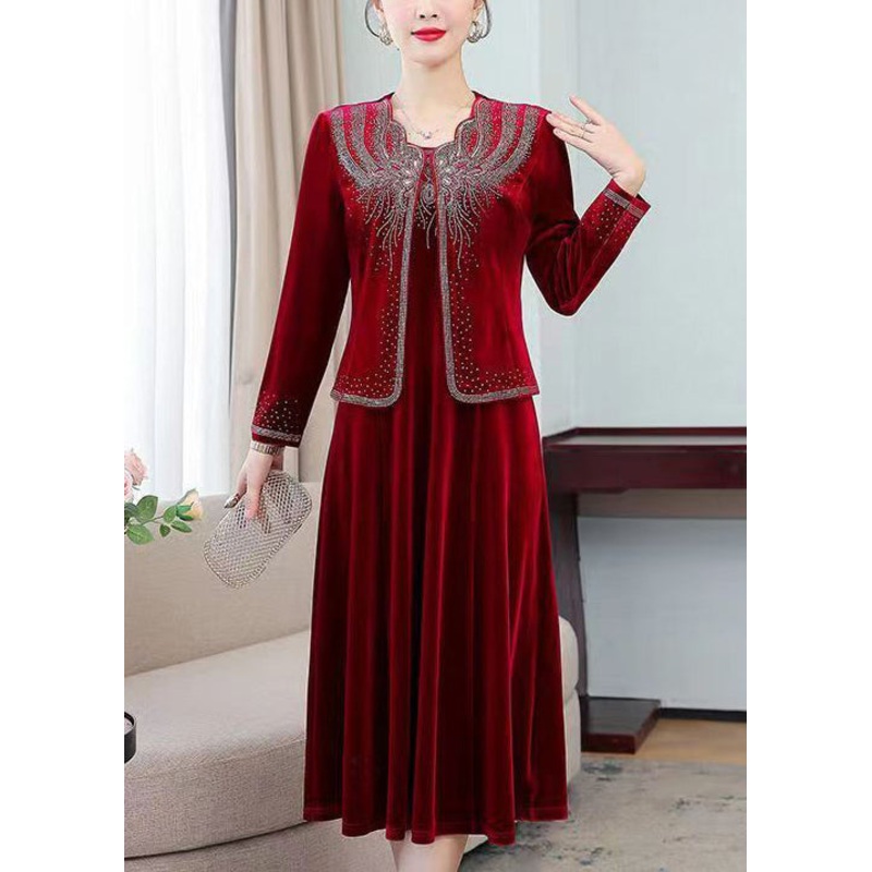Classy Wine Red Zircon Coat And Waistcoat Dress Silk Velour Two Pieces Set Fall