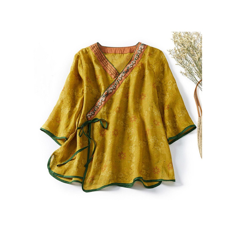 Classy Yellow Embroidered Lace Up Cotton Blouses Spring