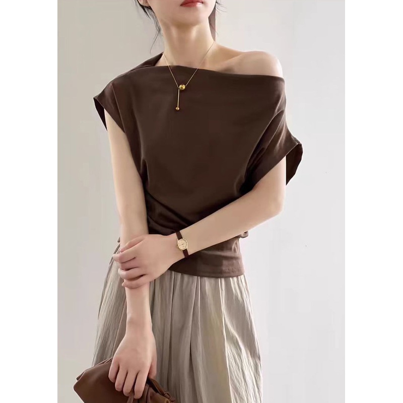 Coffee Solid Cotton Summer T Shirts Cold Shoulder
