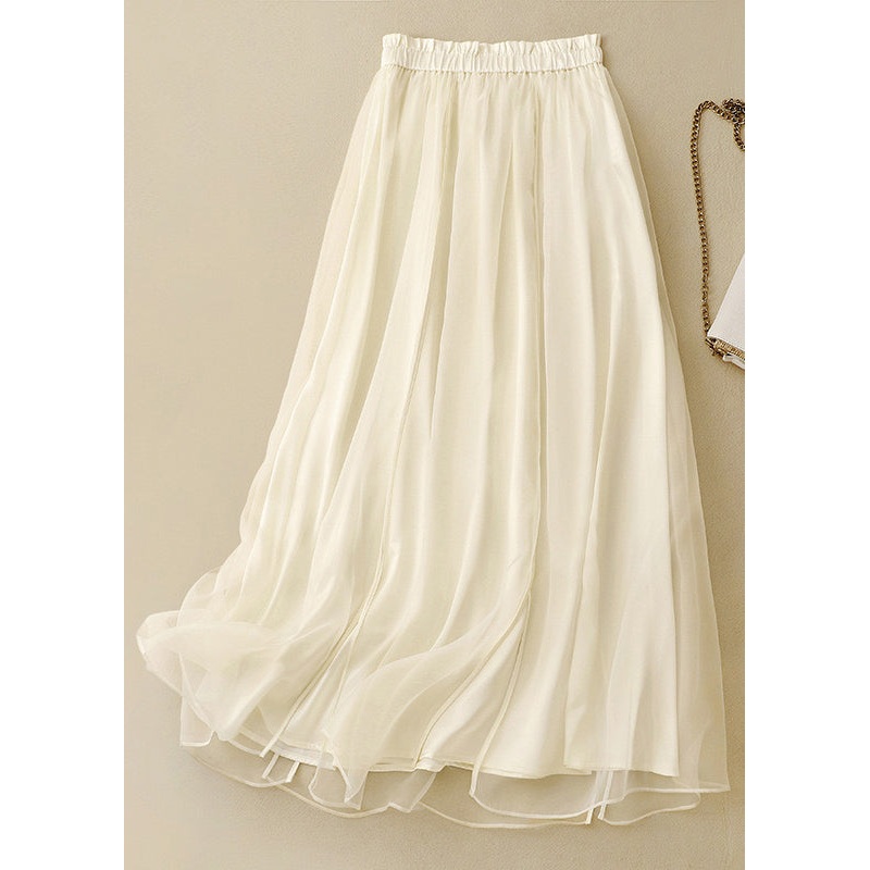 Cute Apricot Elastic Waist Wrinkled Patchwork Tulle Skirts Summer