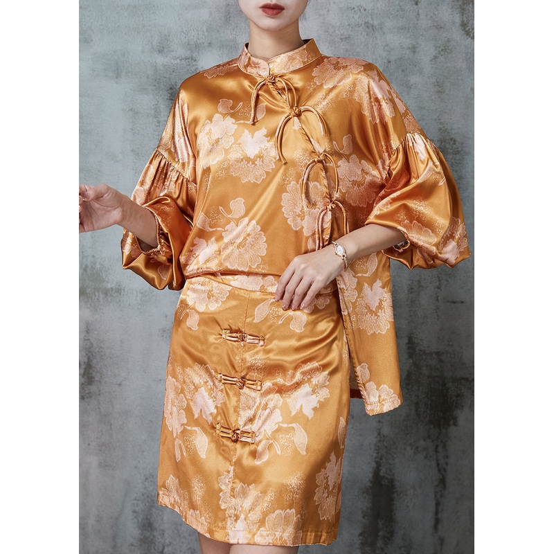 DIY Brown Asymmetrical Print Silk Oriental Sets 2 Pieces Puff Sleeve