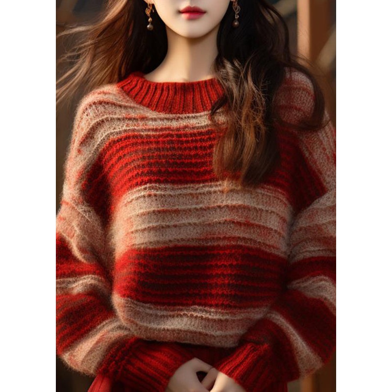 DIY Red Stand Collar Striped Patchwork Cotton Knit Sweater Fall