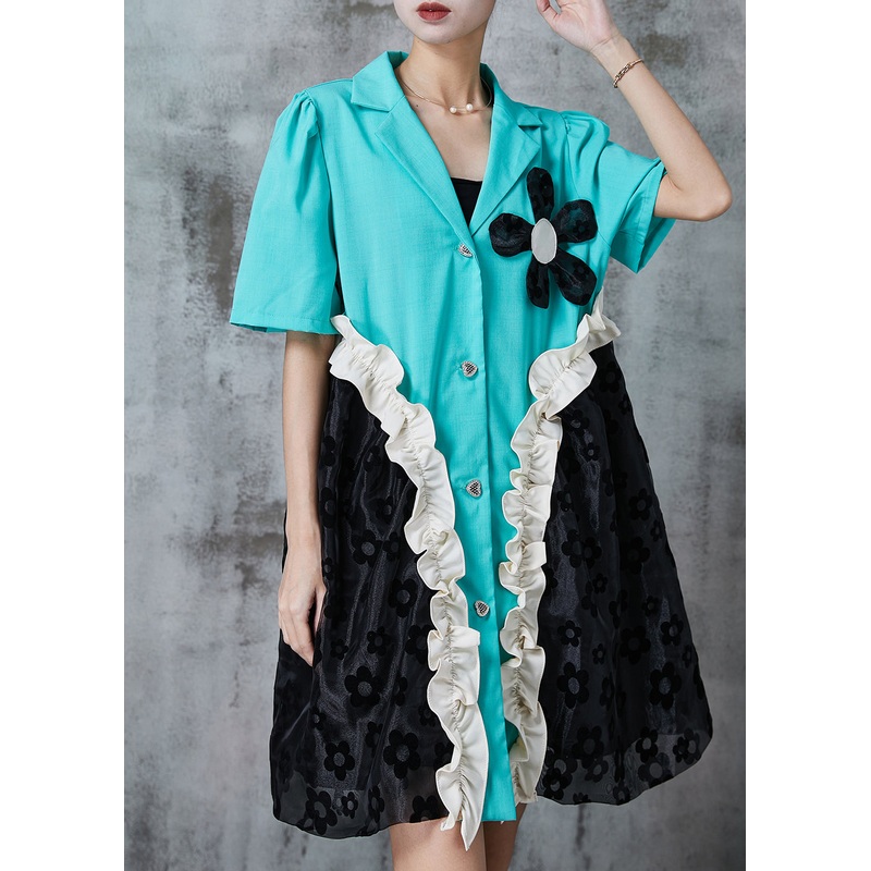Elegant Blue Ruffled Patchwork Floral Spandex Dress Summer