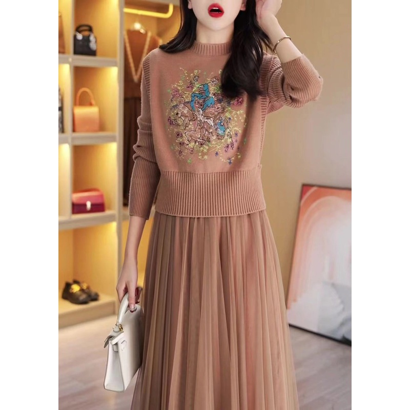 Elegant Khaki Embroidered Tulle Patchwork Knit Two Pieces Set Winter