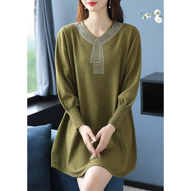 Elegant Tea Green V Neck Zircon Woolen Sweater Dress Winter