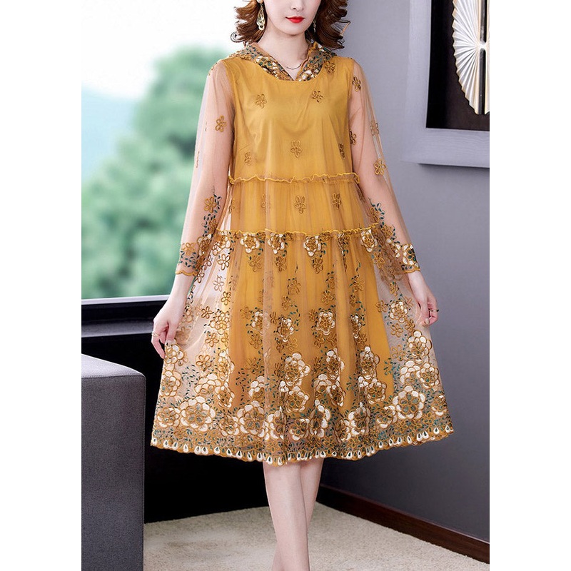 Elegant Yellow Ruffled Tulle Vacation Hooded Tulle Long Dresses Spring