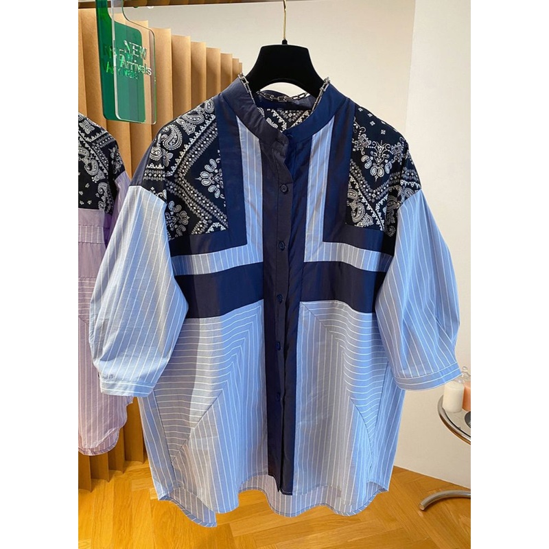 Fashion Blue Stand Collar Print Patchwork Shirt Fall