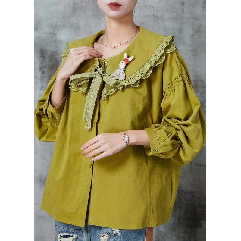 Fashion Green Peter Pan Collar Patchwork Lace Cotton Shirt Spring